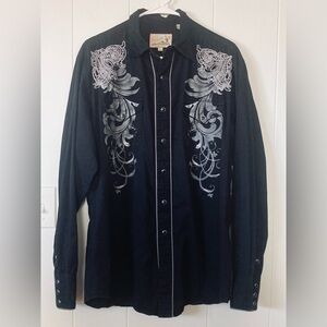 Roper SZ L  Black Cowboy Shirt with White-Silver Embroidery 100 Percent Cotton